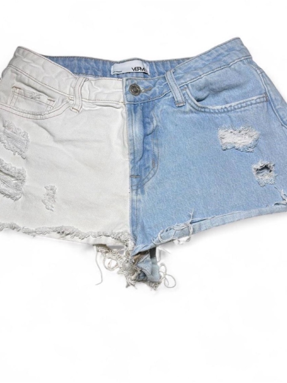 Vero Moda Two-Tone Distressed Denim Shorts - White & Light Blue